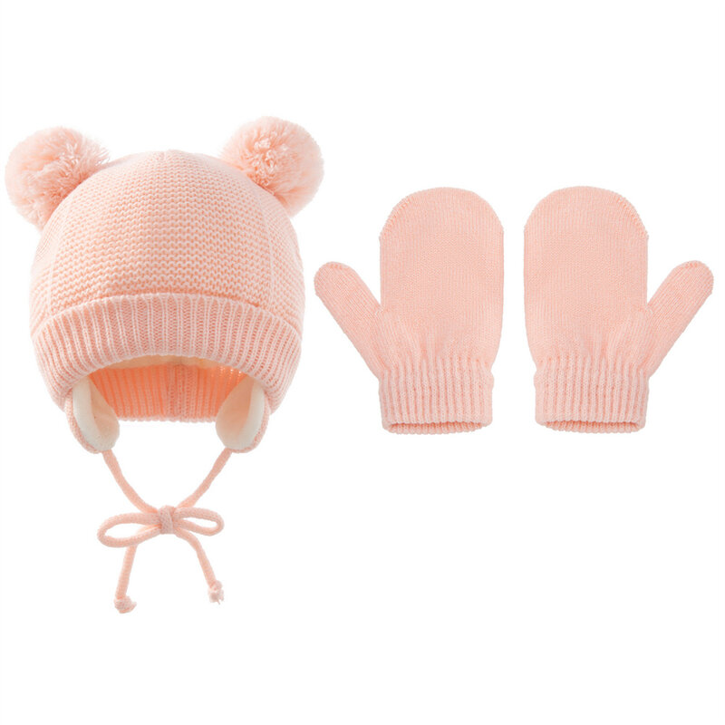 Шапка и перчатки для мальчиков и девочек, зимние теплые вязаные шапки с двумя мячиками, однотонные теплые милые перчатки с ушами, милая Шапк...