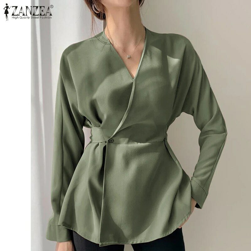 ZANZEA – chemisier élégant à col en V pour femmes, chemises de bureau solides, surdimensionnées avec nœud et cordon de serrage, printemps, 2022