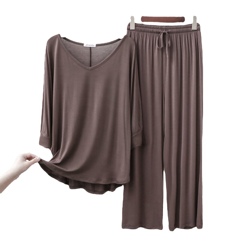Costume pyjama manches chauve-souris couleur unie coton col en v taille élastique jambes larges pantalon 2 pièces ensemble vêtements doux pour la maison 2021