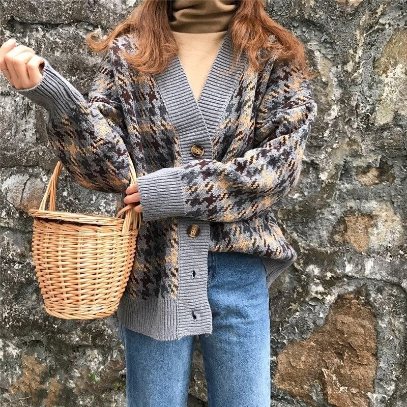 秋冬格子ニットセーターロングカーディガンルーズカジュアルプレ stylethick セータージャンパー女性ニットジャケット