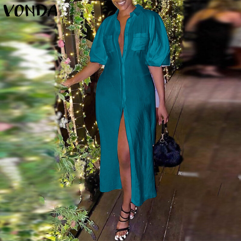 VONDA 2021ผู้หญิงเซ็กซี่ครึ่งแขนปกปุ่มลงเสื้อชุด Bohemian Holiday Party ยาว Vestidos ขนาดใหญ่ Robe Femme