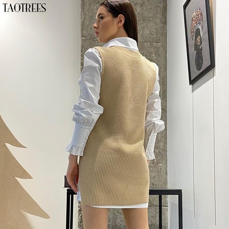 Taotrees Women Sweater Vest Loose Knitted Sleeveless Vest Office Lady V-Neck Pullover Tops Female Outerwear Only 1 Piece Vest