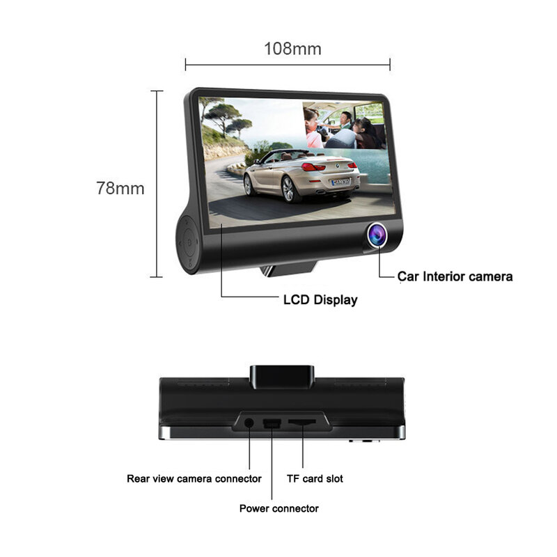 Cámara de salpicadero DVR FHD para coche, dispositivo de grabación de vídeo con tres lentes, gran angular 170, Sensor G y videocámara de visión nocturna, 4"