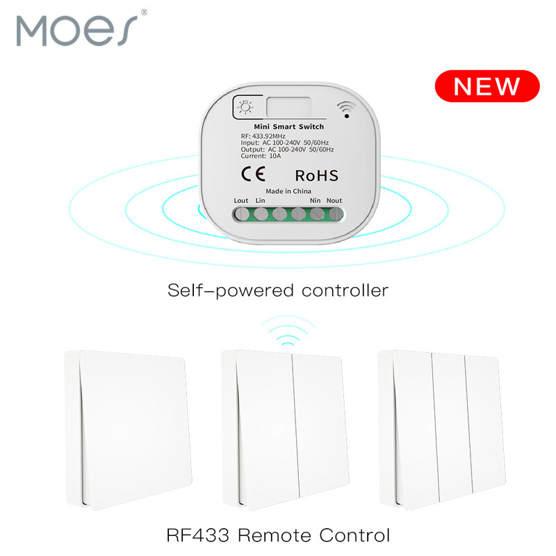 Moes-interruptor inalámbrico RF433, Control remoto sin batería, interruptor de luz de pared autoalimentado, sin cableado, transmisor de Panel de pared necesario