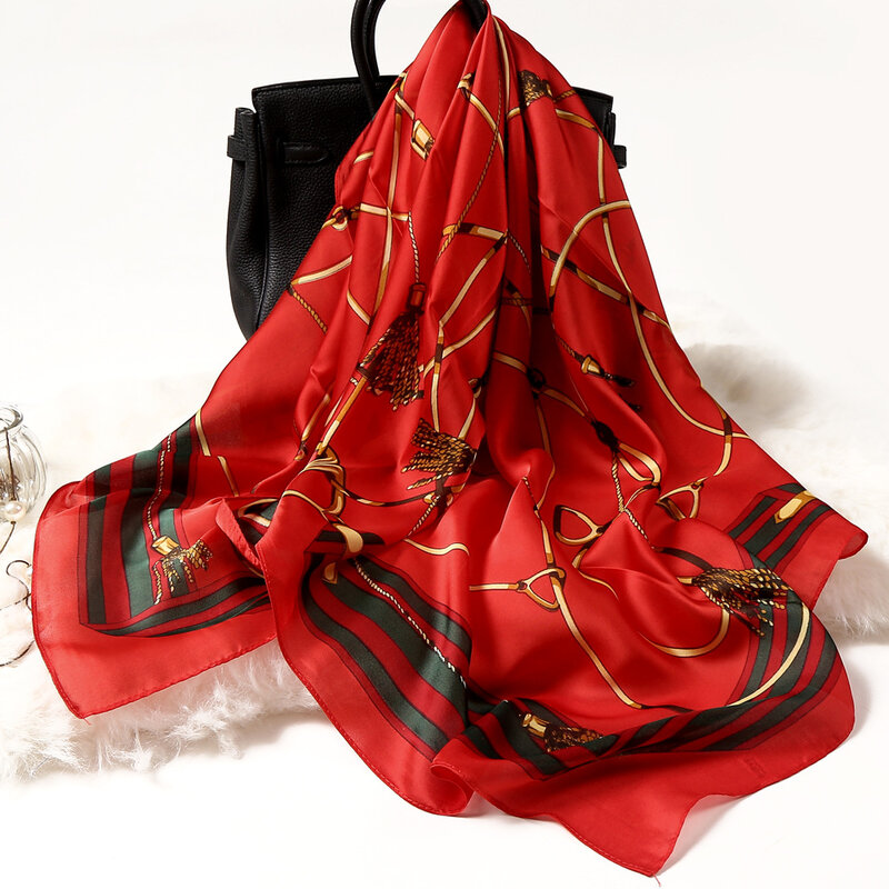 Foulard carré en Satin de soie pour femmes, nouvelle mode rétro, 90x90cm, bandeau pour cheveux, chaîne douce, Foulard Hijab