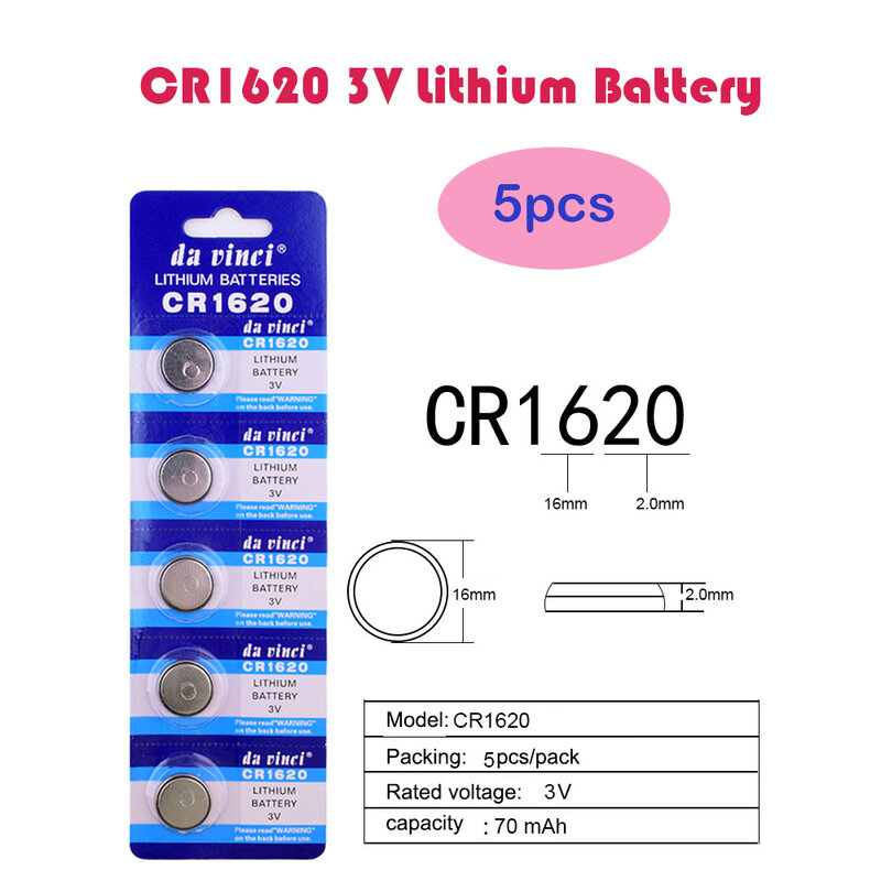 Batería de botón de litio CR1620, 5 unidades = 1 tarjeta, 3V, DL1620, 5009LC, ECR1620, 70mAh, para reloj, juguete electrónico, remoto