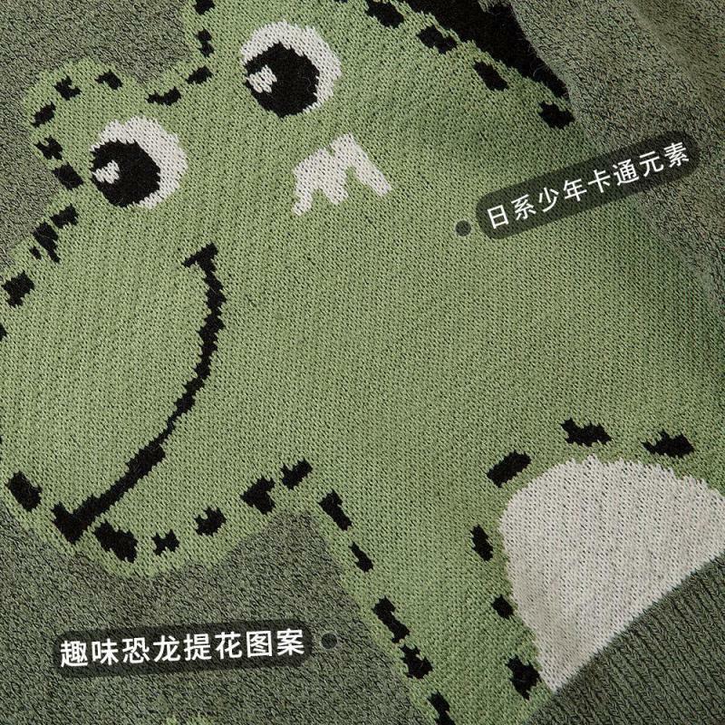 2021 jesienno-zimowy nowy sweter nastolatek kreskówka dinozaur żakardowe japońskie Retro luźny pulower z okrągłym dekoltem para kurtka
