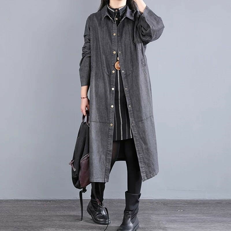 Autumn 2021 new women's casual, loose medium length, large size denim trench coat is popular