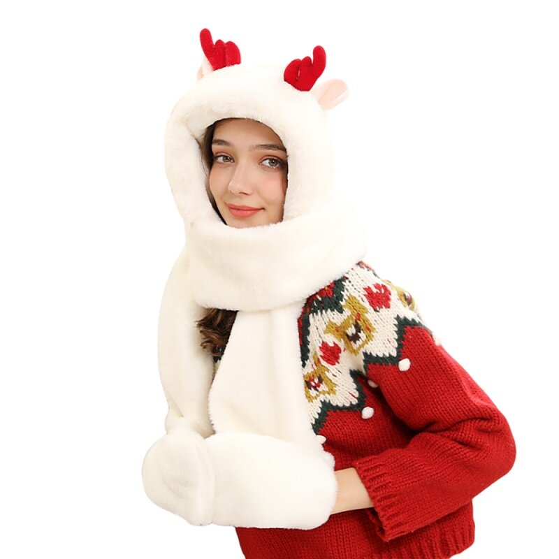 3in1ฤดูหนาว Warm Antlers หมวกผ้าพันคอถุงมือน่ารัก Plush Windproof ทั้งหมด-จับคู่อุ่นคริสต์มาสของขวัญสาว
