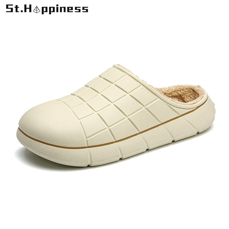 2021 New Men Slippers Home Winter Indoor Warm Shoes Thick Bottom Plush Waterproof Leather House Slippers Cotton Shoes Big Size