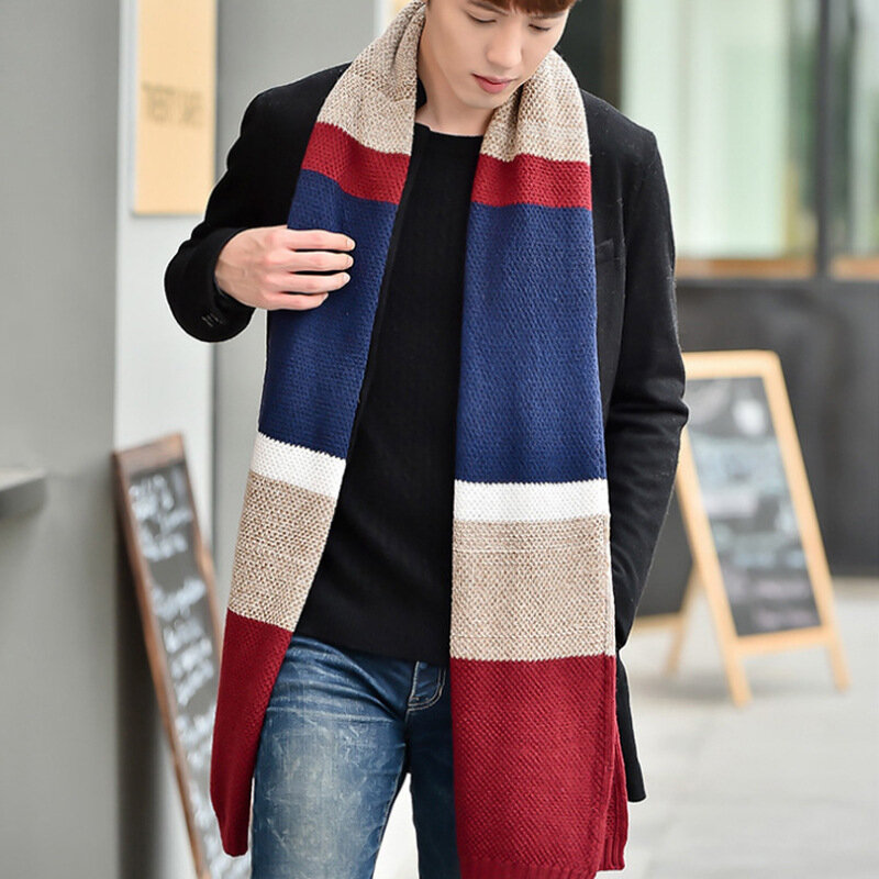 2021 겨울 따뜻한 롱 니트 스카프 남자의 한국 패션 새로운 양모 저지 컬러 격자 무늬 야생 두꺼운 스카프 소년 학생 일치