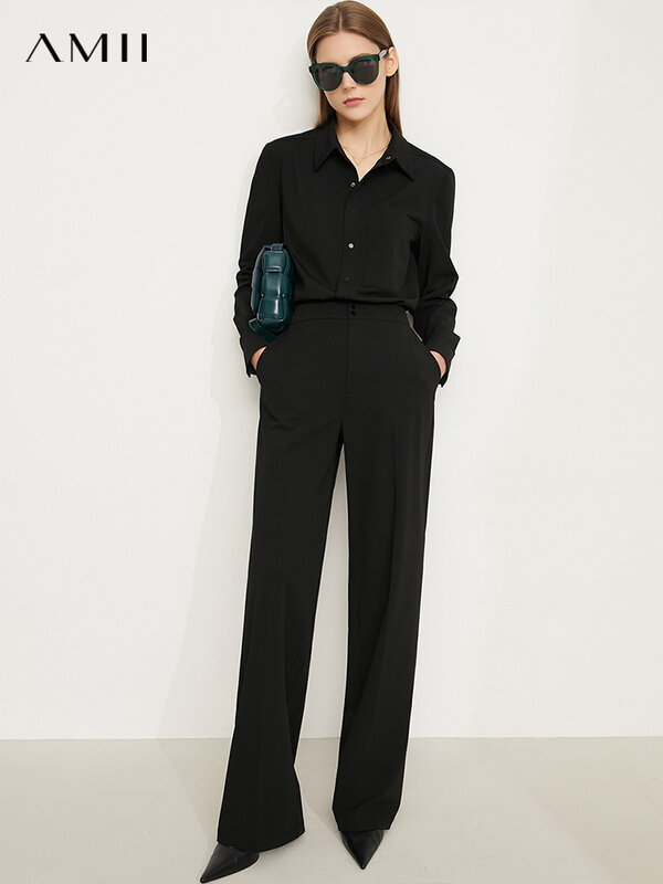 Amii – ensemble minimaliste pour femmes, chemise élégante à boutons, taille haute, jambes larges, costume deux pièces, 12130380