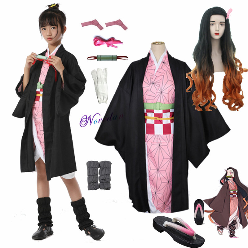 Anime Demon Slayer Cosplay Costume com Peruca para Mulheres, Kimetsu no Yaiba, Tanjirou, Kamado Nezuko, Zenitsu, Shinobu, Adulto, Crianças