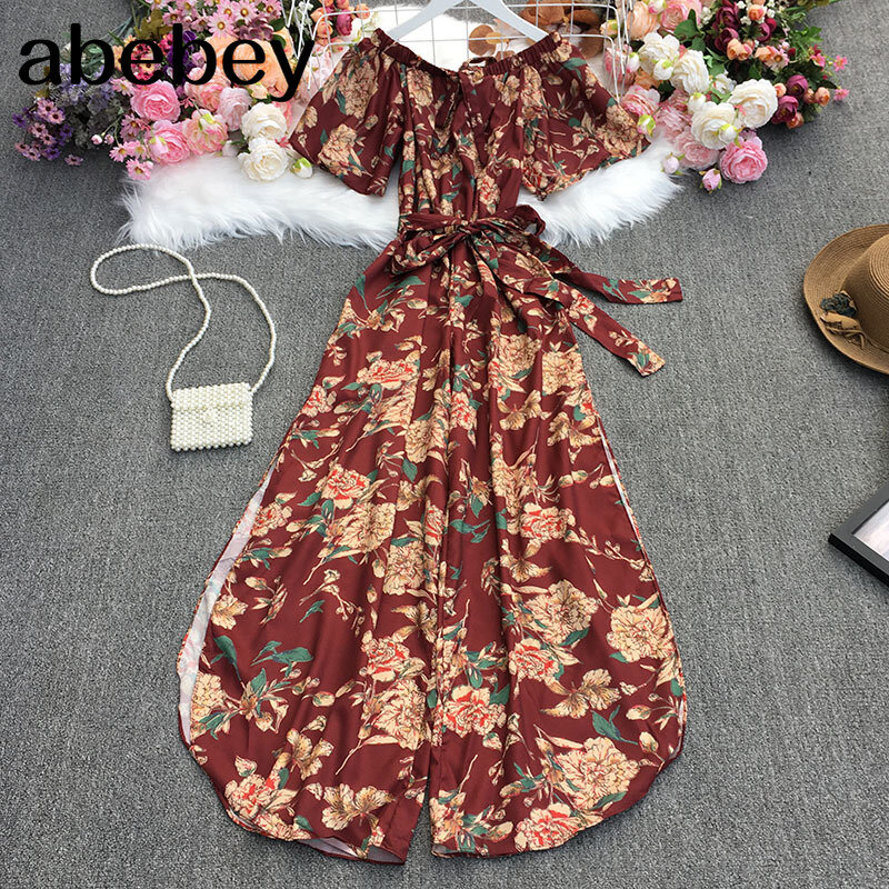 2022 New Summer Temperament All-match lace up Slash neck Jumpsuits waist slim sashes flare split Jumpsuits