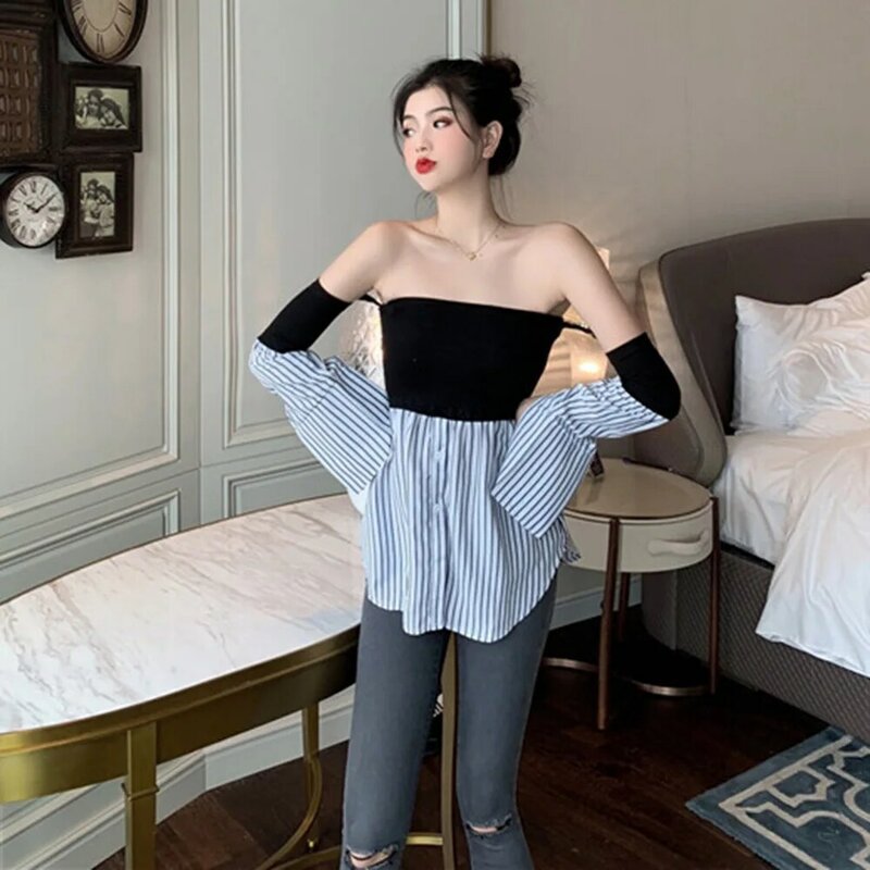 Blouse One-shoulder Top Design Sense Summer 2021 New Thin Chic Hong Kong Style Sexy Stripe Splicing Women Tee Flared Sleeves