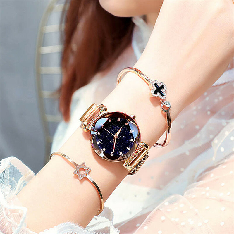2021 nuevo de lujo de las mujeres relojes de moda elegante imán hebilla oro rosa señoras reloj de cielo estrellado de diamantes regalo de reloj de cuarzo 201