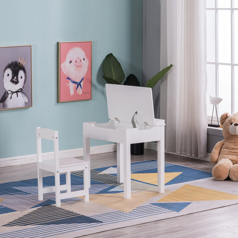 Mesa de estudio y silla para niños, Juego de 2 cajones abiertos, 1 mesa y 1 silla, color blanco MDF, 59x40,5x59 cm