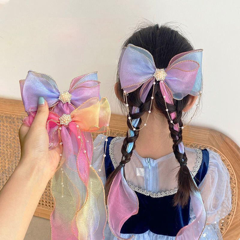 Novo meninas bonito colorido chiffon arco fita hairpins crianças doce cabelo decorar bandana grampos de cabelo moda acessórios para o cabelo