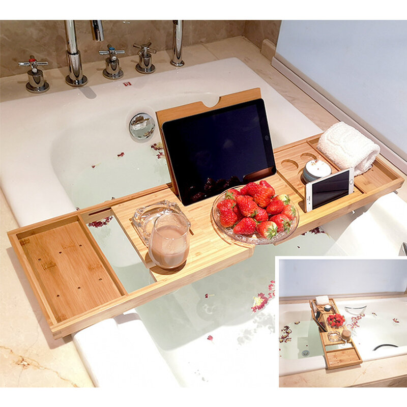 Extendable Bamboo Bathtub Tray Spa Bathtub Caddy Organizer Rack Book Wine Tablet Holder Nonslip Bottom Bath Tub Tray Shelf