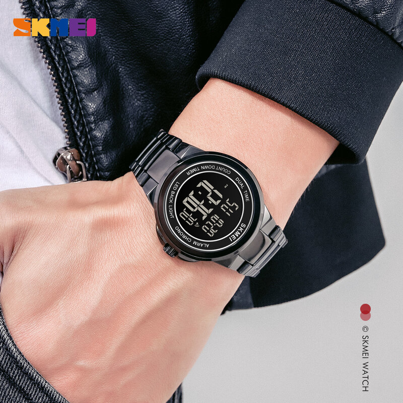 Skmei relógio digital luxuoso de aço inoxidável, relógio eletrônico impermeável de marca top, cromo, contagem regressiva, relógio digital masculino