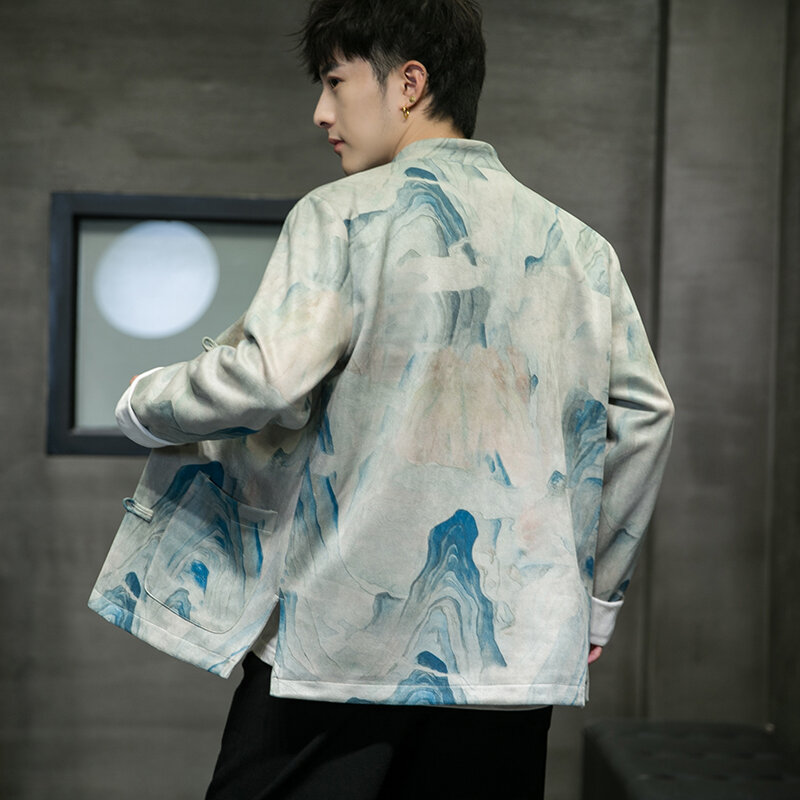 Casaco de camurça masculino estilo chinês, jaqueta de camurça de veludo com manga longa hanfu, roupa chinesa tradicional com gola