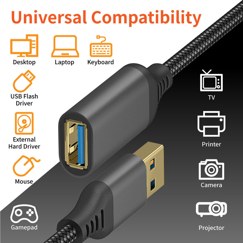 Cable USB 3,0 trenzado de nailon, transmisión de datos de alta velocidad macho a hembra, Cable de extensión de impresora de cámara de ordenador, 1/2/3/5M