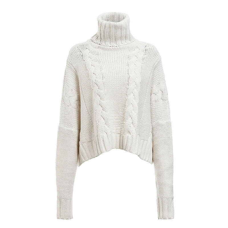 Suéter de cuello alto corto para mujer, Jersey de punto blanco nuevo, de manga larga, informal, suelto, Otoño e Invierno