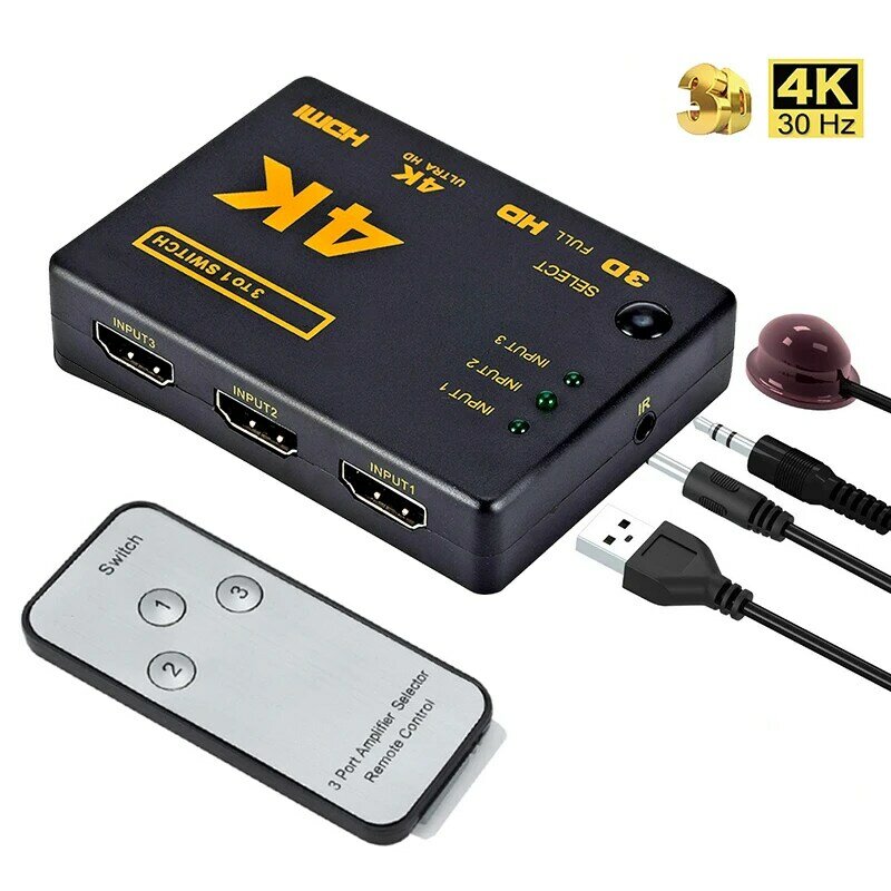 Sakelar Pembagi Audio 3 Port Dalam 1 Keluar Kotak Hub Remote Control 1080P HD TV HDMI-Sakelar USB Kompatibel untuk Komputer PS3 DVD