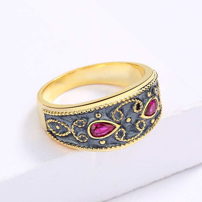 Anel clássico para moda feminina de dois tons anel feminino incrustado com zircão vermelho jóias moda 925 anel de prata anel de ouro