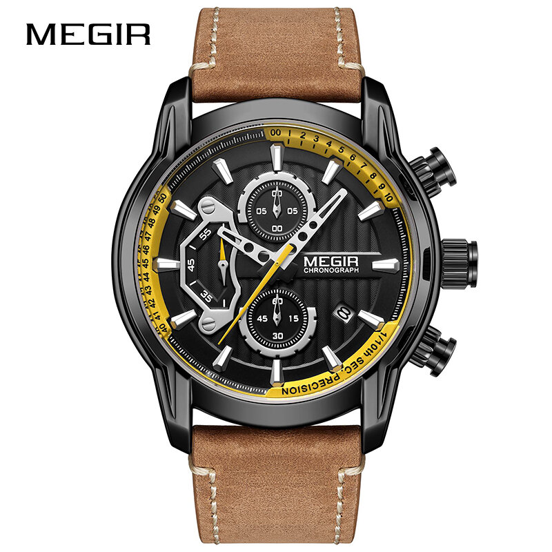 Megir Mode Sport Mannen Horloges Waterdicht Lichtgevende Horloges Mannelijke Lederen Chronograph Quartz Leger Klok Reloj Hombre 2020