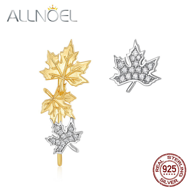 ALLNOEL Solide 925 Sterling Silber Ohrringe Maple Blätter Asymmetrie Earrigns Für Frauen 2021 Neuheiten Reales Gold Plating Feine