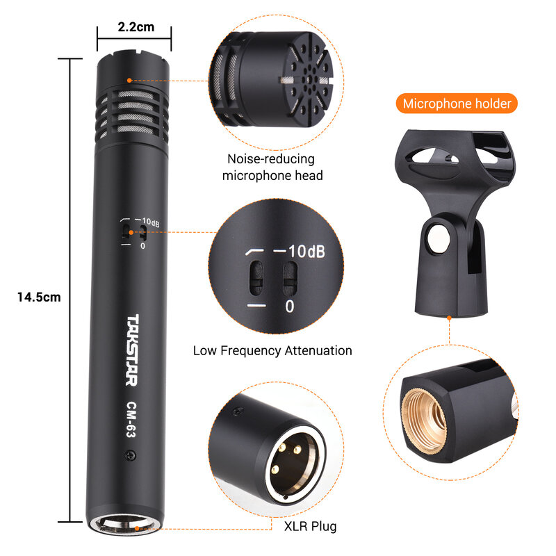 TAKSTAR CM-63 / CM-60 Professional Diaphragm Condenser Microphone Moisture Resistant XLR Cardioid Mic 48V Phantom Power Supply