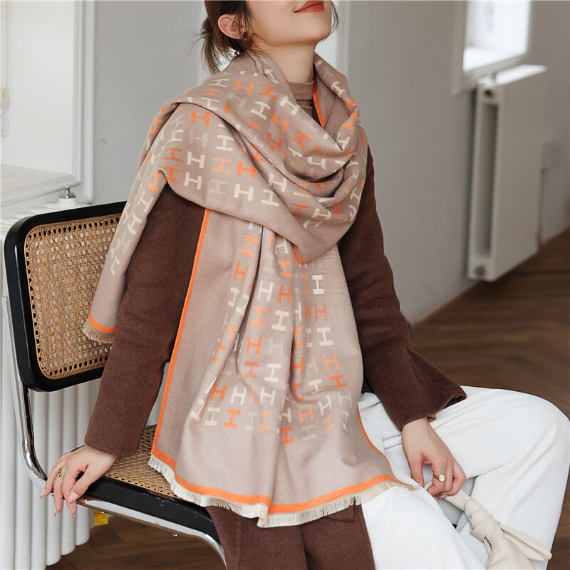 Letter Print Winter Scarf for Women brand Thick Warm Cashmere Pashmina Blanket Neckerchief Female Wraps Hijab Foulard Echarpe