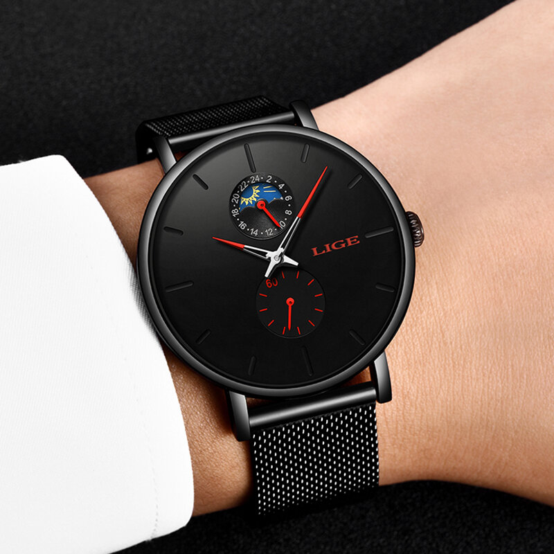 LIGE Quartz Watch Men Casual Red Waterproof Watch Stainless Steel Ultra Thin Male Clock 24 hour Watches Relogios Masculino 2019