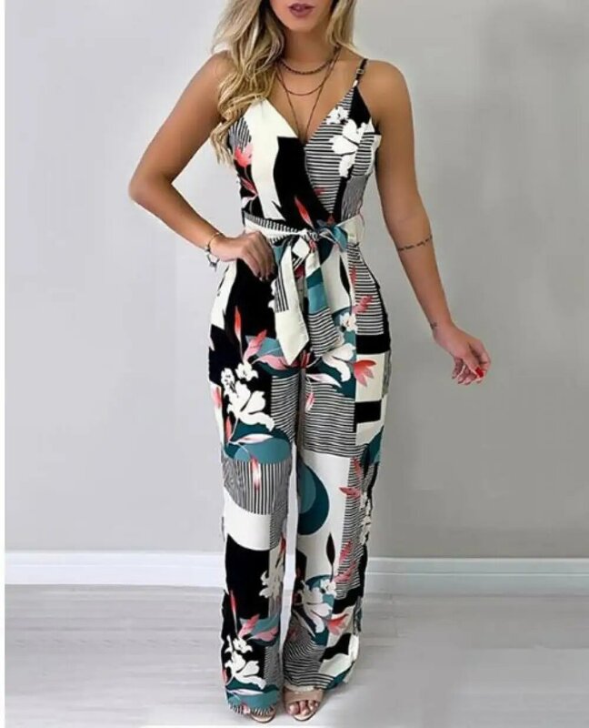 Sexy Plus Size Women's Jumpsuit with Thin Shoulder Straps V-Neck Bohemian Floral Trousers Open Back Street Work