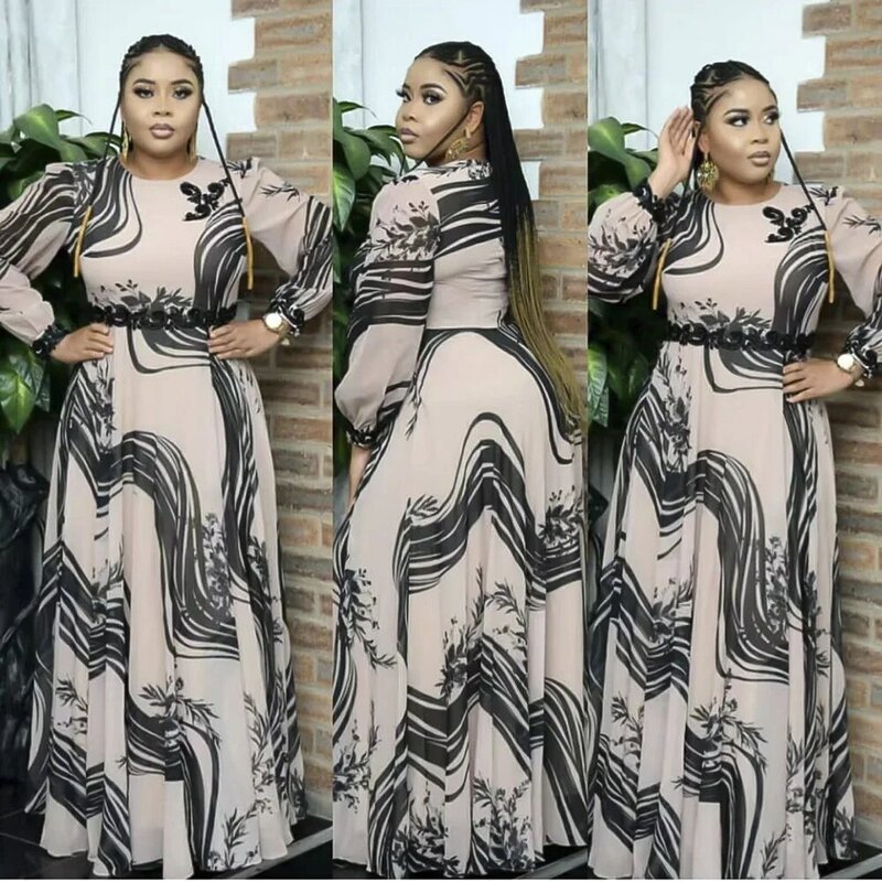 Gaun Sifon Afrika untuk Wanita 2021 Gaun Maxi Ankara Gambar Cetak Dashiki Fashion Baru Gaun Elegan Lengan Panjang Pesta Pernikahan