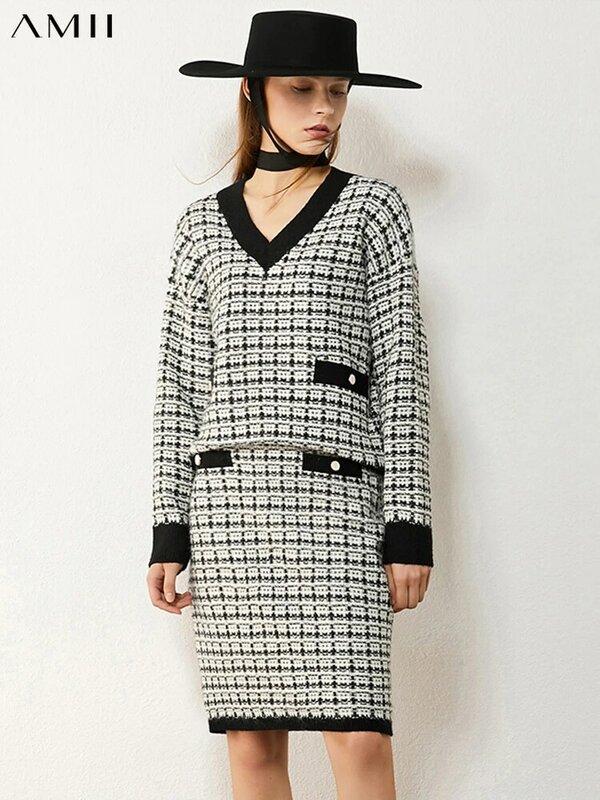 Amii – Mini jupe-pull minimaliste à carreaux pour femme, vêtement tricoté, taille haute, vendu séparément, collection hiver 12070619