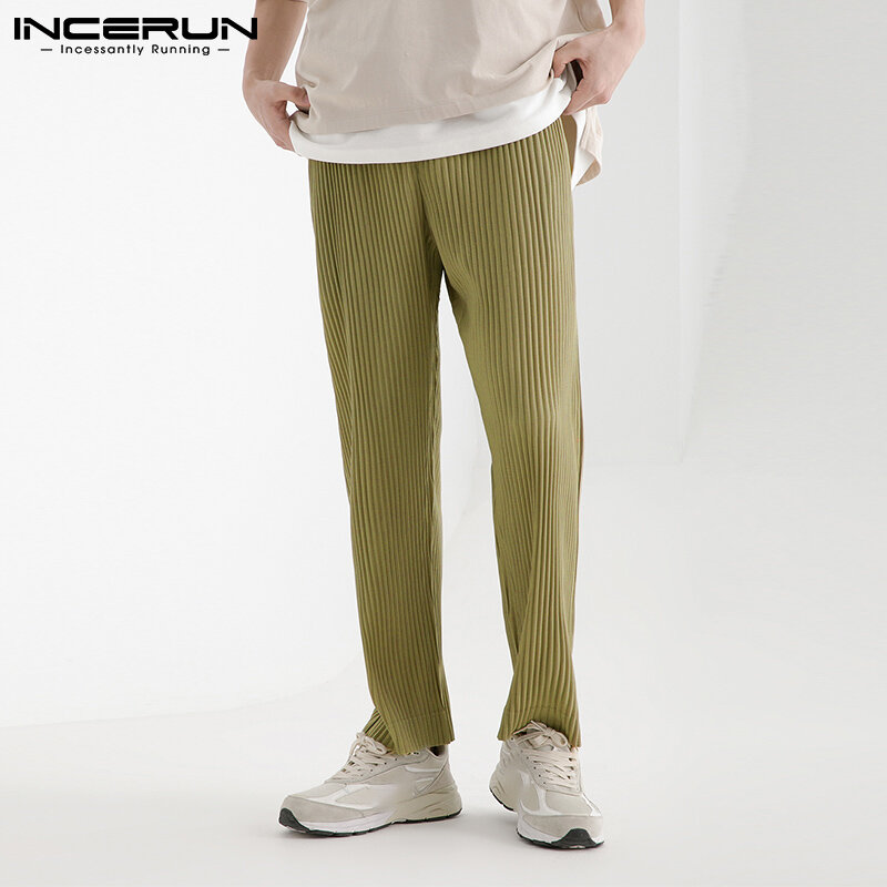 INCERUN męskie stylowe długie plisowane spodnie przystojny dobrze dopasowane Pantalons stylowe solidne wygodne spodnie szerokie nogawki S-5XL 2021