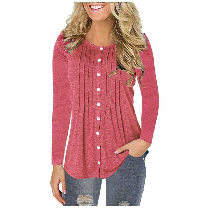 Plus Size Women Long Sleeve O-Neck Solid Pullover Buttons Blouse Swing Tops