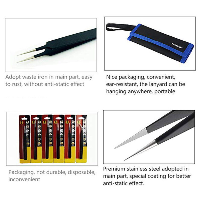 10Pcs ESD Antistatic Tweezers Tool Set High Precision Tip Curved Straight Tweezer Stainless Multifunction Nipper Repair Tool Kit