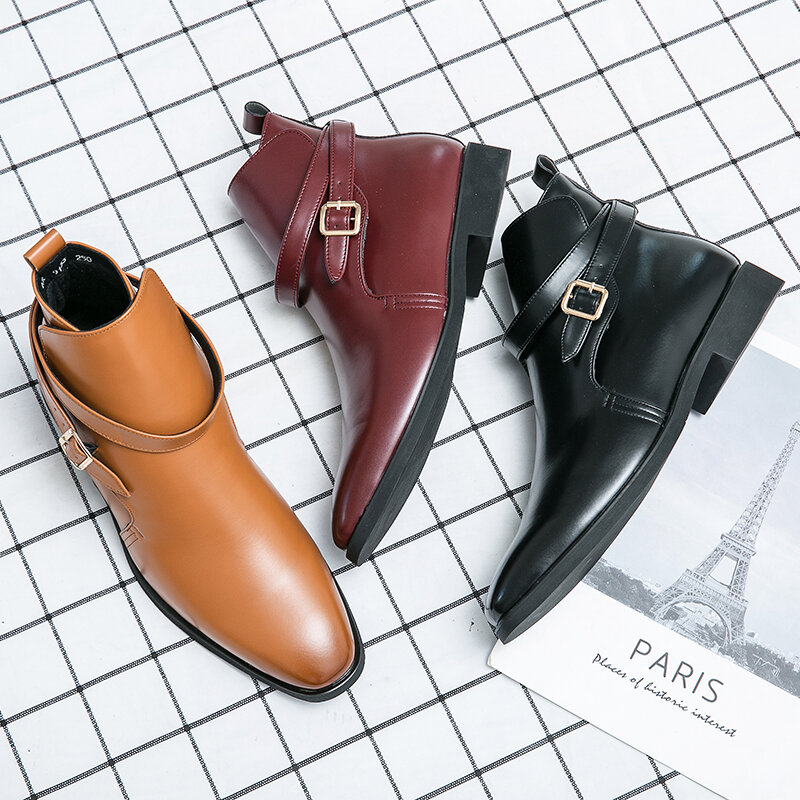 Zapatos hechos a mano de PU de Color sólido para hombre, botines de vestir con hebilla de cinturón clásica de alta gama, cómodos, a la moda, combinan con todo, 3KC715