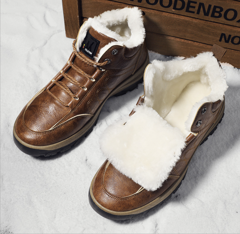 Sepatu Bot Pergelangan Kaki Kasual Musim Dingin Sepatu Kets Hangat Tetap Datar Pria Anti-selip Kulit Luar Ruangan Pria Sepatu Bot Platform Karet Nyaman