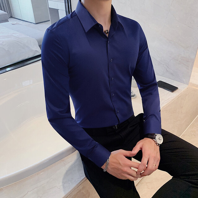 Estilo britânico camisa de manga comprida moda masculina 2021 outono negócios formal wear masculino ajuste fino