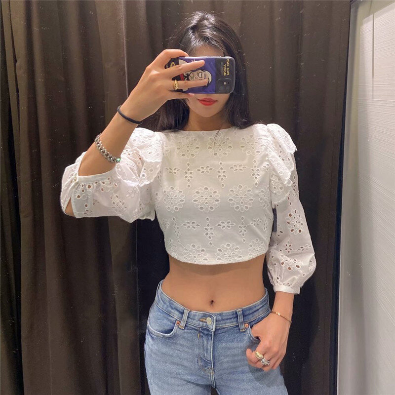 2021 Embroidered Cropped Top Women's Ruffle O-neck Puff Sleeve Hollow Embroidered Summer Top Women's Sexy Open Back White Shirt