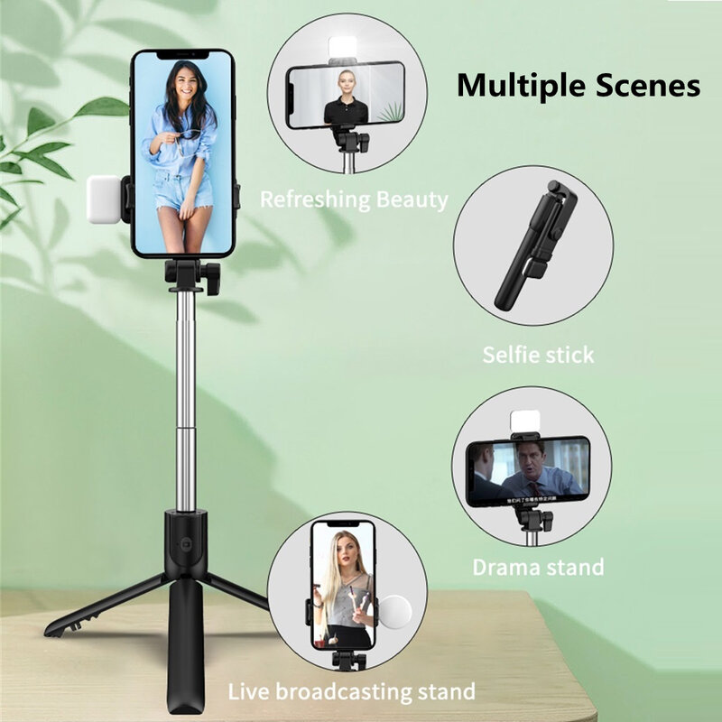 Raffreddare più nuovo R1S Wireless Bluetooth Selfie Stick pieghevole monopiede portatile espandibile Mini treppiede con luci fotografiche a LED