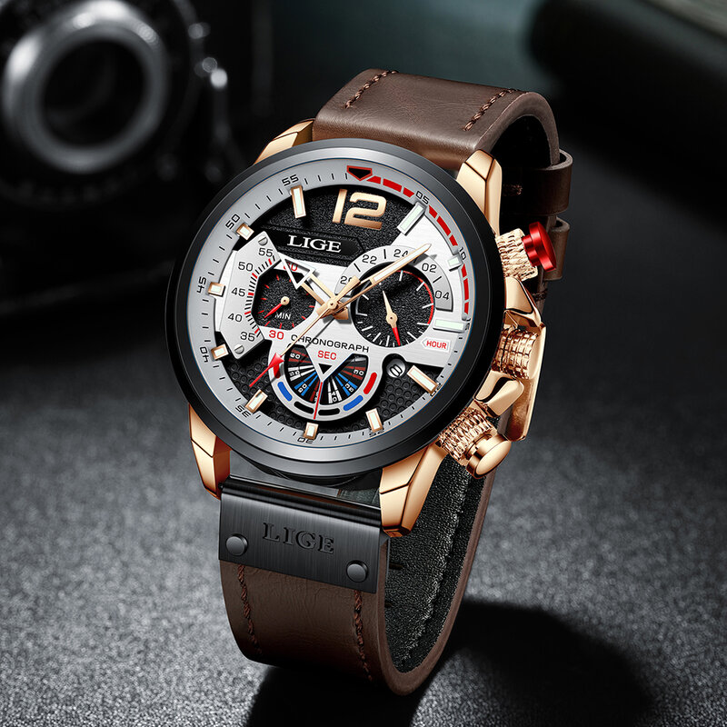 LIGE 2023 New Blue Leather Mens Watches Top Brand Luxury Quartz Watch For Men Fashion Design Clock Male Waterproof Wristwatch