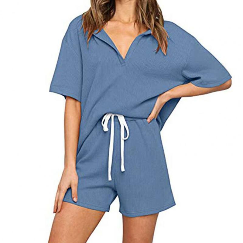 Summer new style women's half-sleeved solid color two-piece V-neck drawstring suit T-shirt shorts suit suitable for leisure
