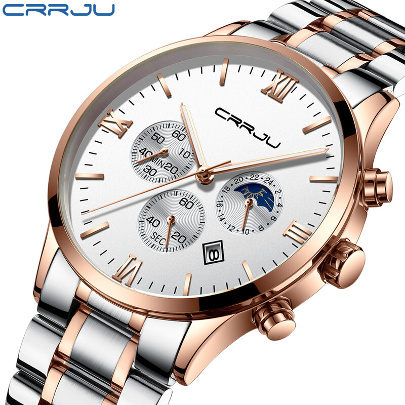 Crrju chronograph relógio de quartzo masculino simples moda casual vestido aço inoxidável relógios 30 m diário data à prova dlogiágua relogio 2159