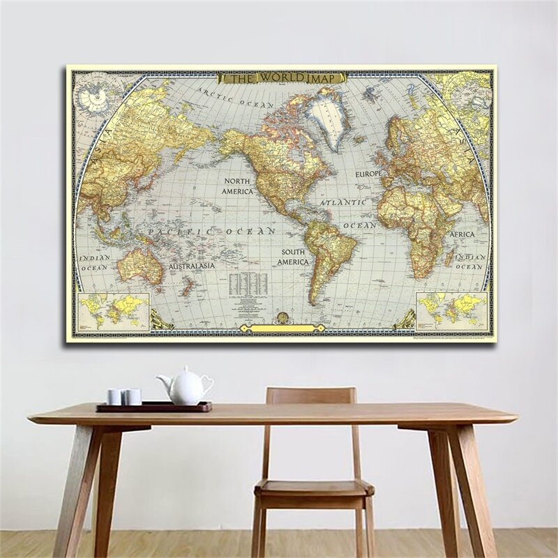 A2 Antique World Map 1943 Non-woven Poster Painting Frameless Map of The World Wall Paper Home Office School Decor