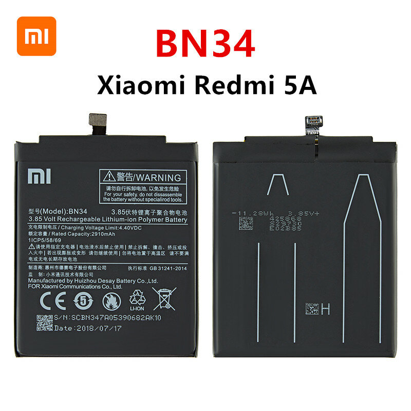 Xiao Mi ต้นฉบับ100% BN34 3000MAh แบตเตอรี่สำหรับ Xiaomi Hongmi Redmi 5A 5.0 "BN34คุณภาพสูงเปลี่ยนโทรศัพท์แบตเตอรี่ + เครื่องมือ
